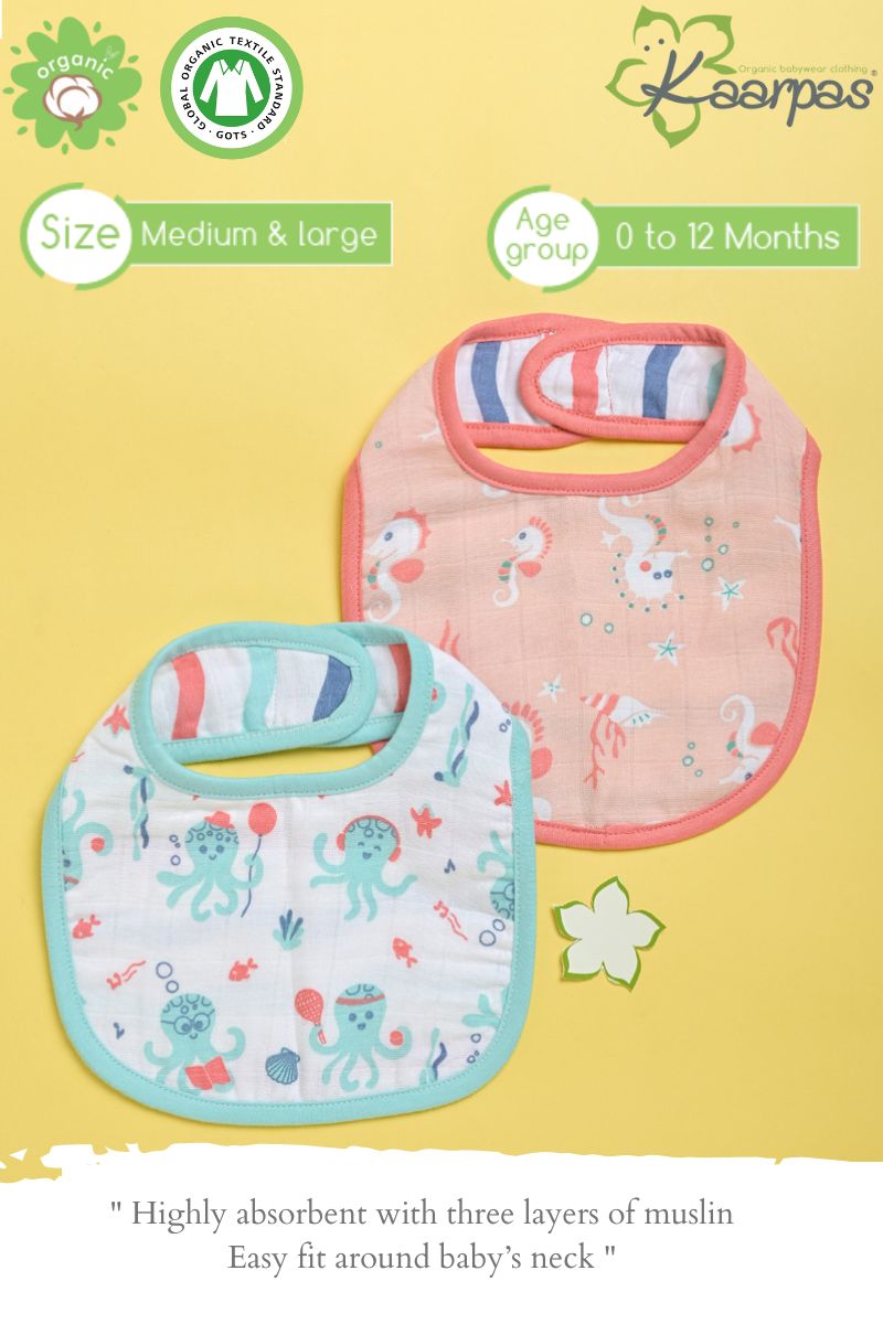 Ocean Dive' Organic Cotton Baby Bibs - Pack Of 2 - Octopus, Seahorse - Tinycubs - 