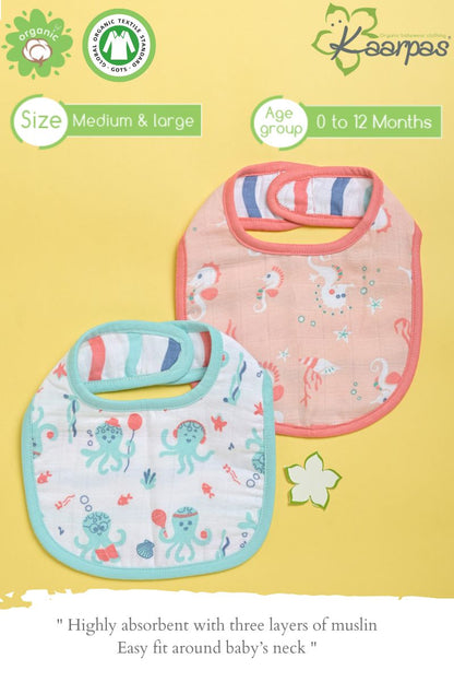 Ocean Dive' Organic Cotton Baby Bibs - Pack Of 2 - Octopus, Seahorse - Tinycubs - 