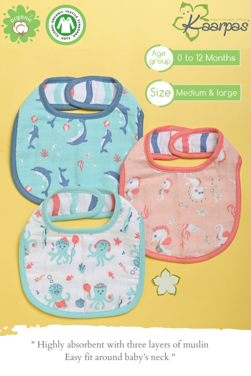 Ocean Dive' Organic Cotton Baby Bibs - Pack Of 3 - Octopus, Seahorse & Dolphin - Tinycubs - 