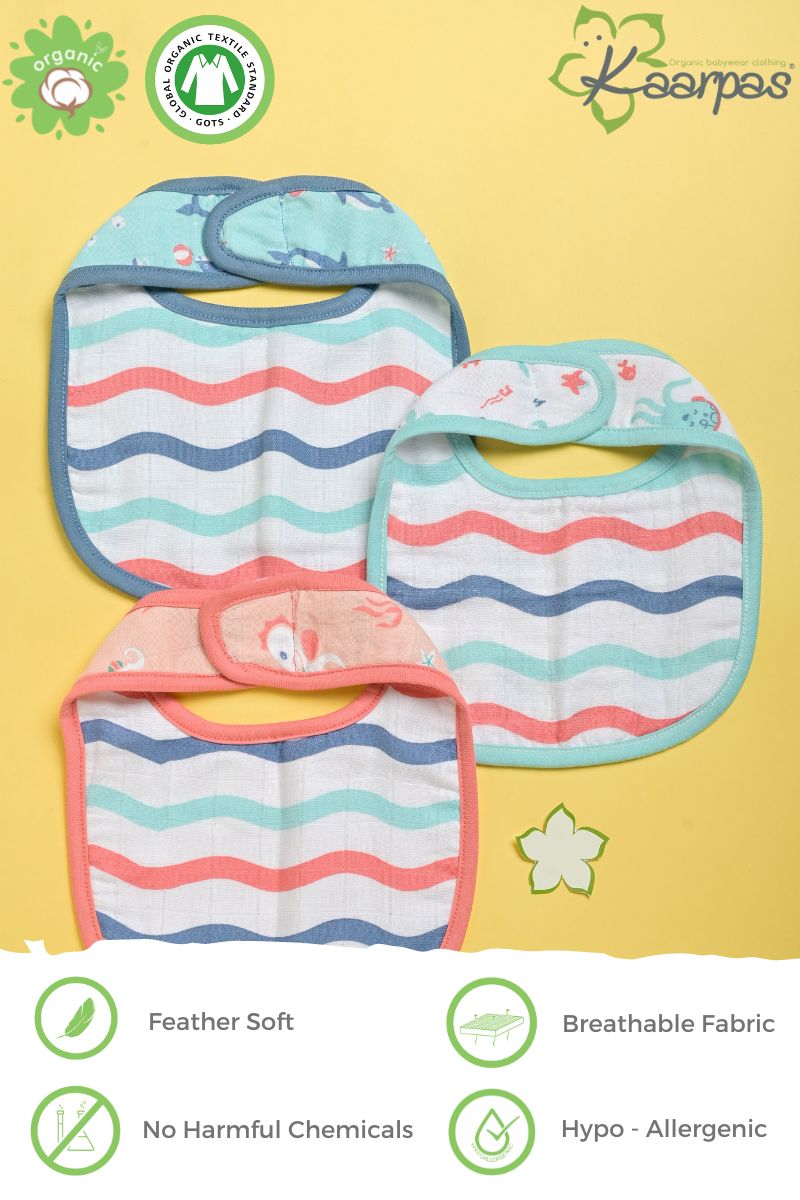 Ocean Dive' Organic Cotton Baby Bibs - Pack Of 3 - Octopus, Seahorse & Dolphin - Tinycubs - 