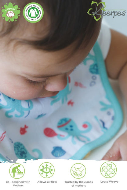 Ocean Dive' Organic Cotton Baby Bibs - Pack Of 3 - Octopus, Seahorse & Dolphin - Tinycubs - 