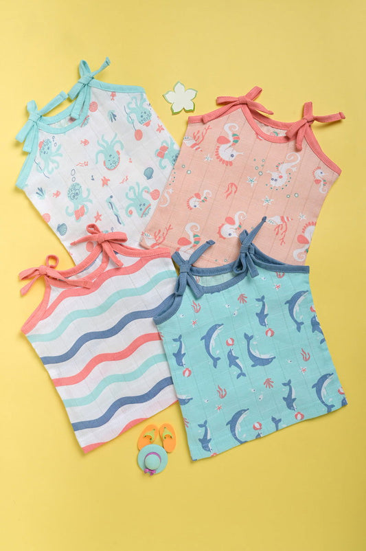 ‘Ocean Dive’ organic muslin Top with knots 4 pack : Dolphin, Octopus, Seahorse and Dreamy Waves - Tinycubs - 