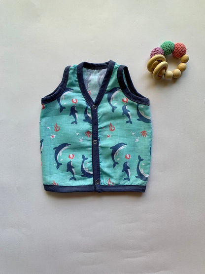 Ocean Dive organic muslin front open Jhabla top 1 pack: Dolphin - Tinycubs - 