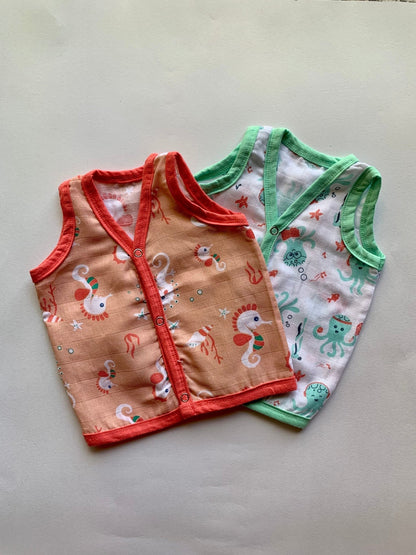 Ocean Dive organic muslin front open Jhabla top 2 pack: Octopus, Seahorse - Tinycubs - 