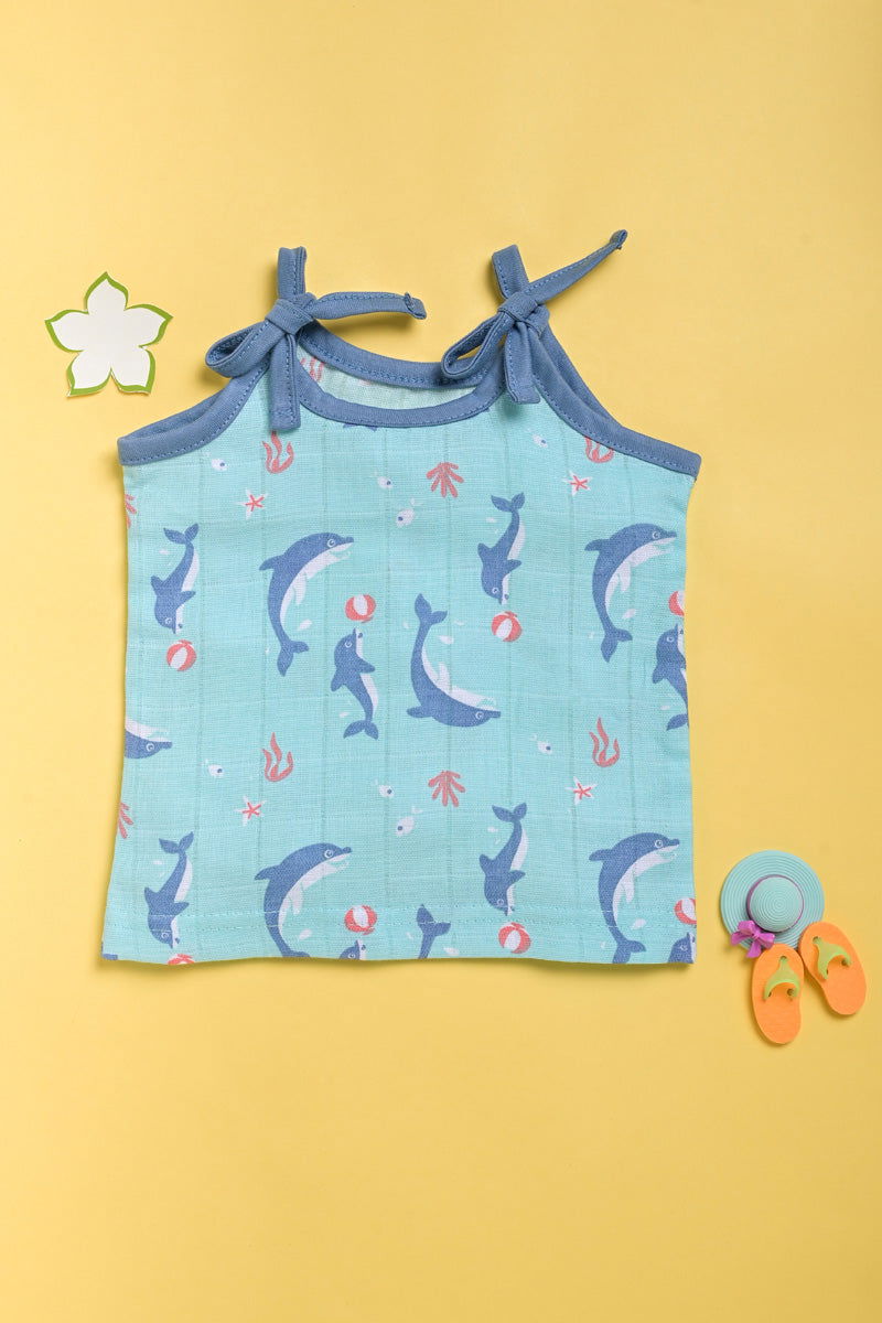 ‘Ocean Dive’ organic muslin top with knots 1 pack: Dolphin - Tinycubs - 