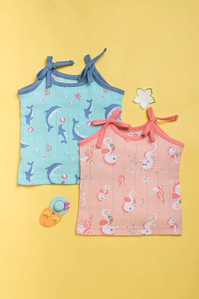 ‘Ocean Dive’ organic muslin top with knots 2 pack: Dolphin, Seahorse - Tinycubs - 