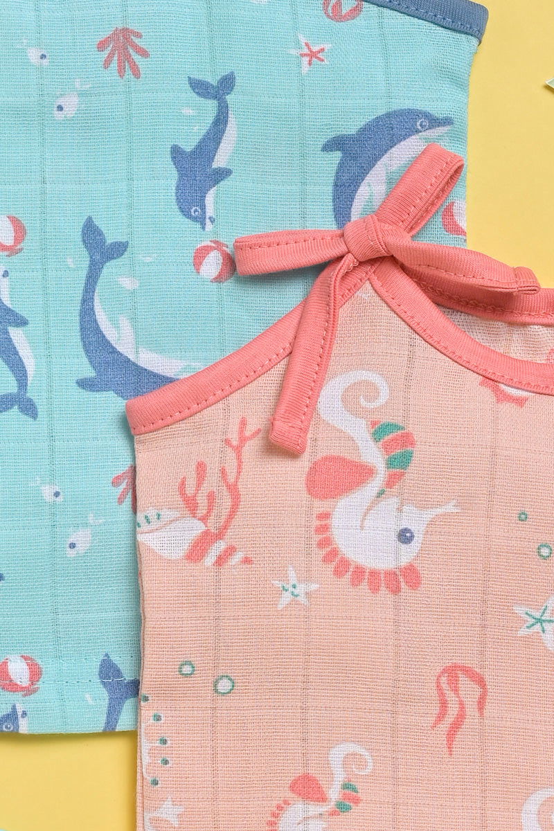 ‘Ocean Dive’ organic muslin top with knots 2 pack: Dolphin, Seahorse - Tinycubs - 