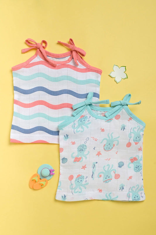 ‘Ocean Dive’ organic muslin top with knots 2 pack: Octopus. Dreamy Waves - Tinycubs - 