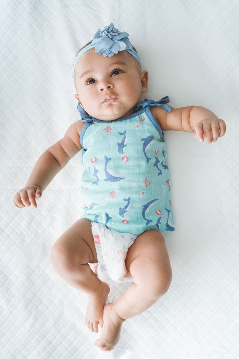 ‘Ocean Dive’ organic muslin top with knots 3 pack : Dolphin, Octopus and Dreamy Waves - Tinycubs - 