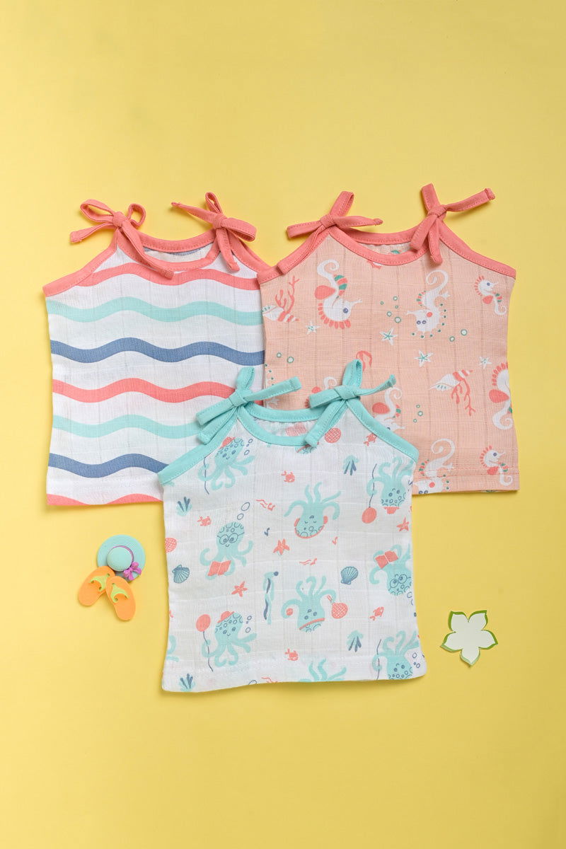 ‘Ocean Dive’ organic muslin top with knots 3 pack : Octopus, Seahorse and Dreamy Waves - Tinycubs - 