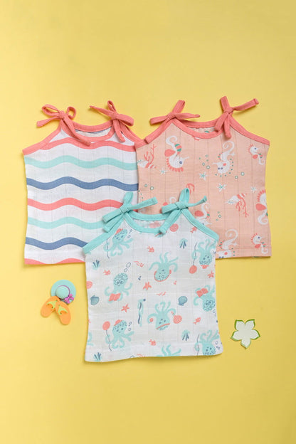 ‘Ocean Dive’ organic muslin top with knots 3 pack : Octopus, Seahorse and Dreamy Waves - Tinycubs - 