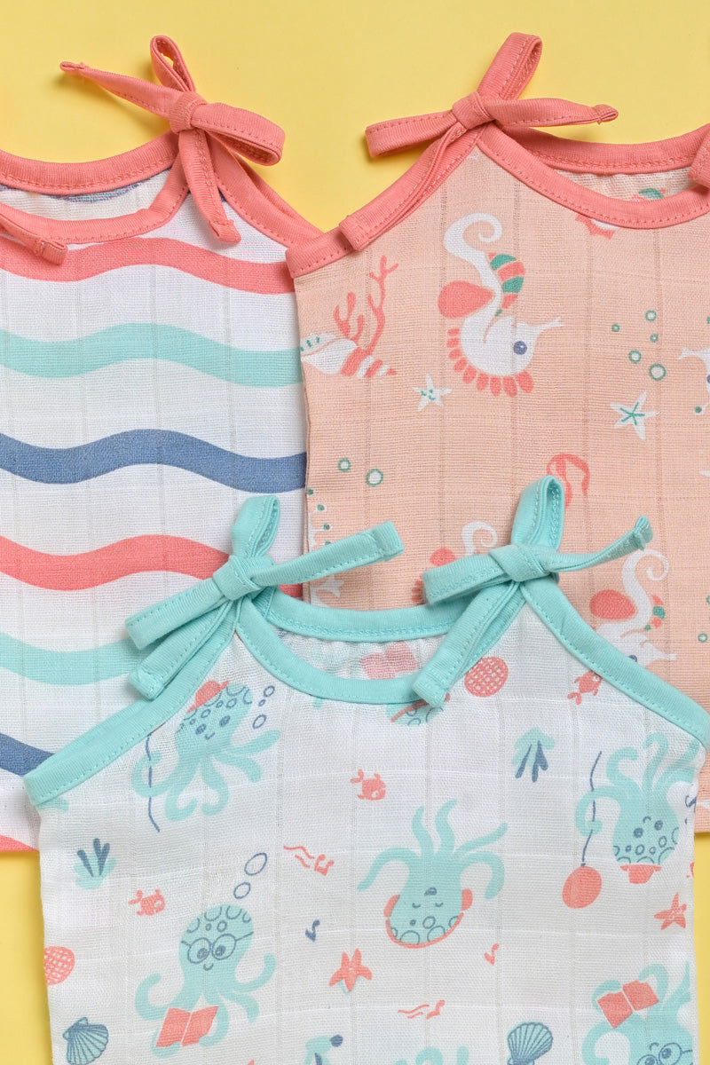 ‘Ocean Dive’ organic muslin top with knots 3 pack : Octopus, Seahorse and Dreamy Waves - Tinycubs - 