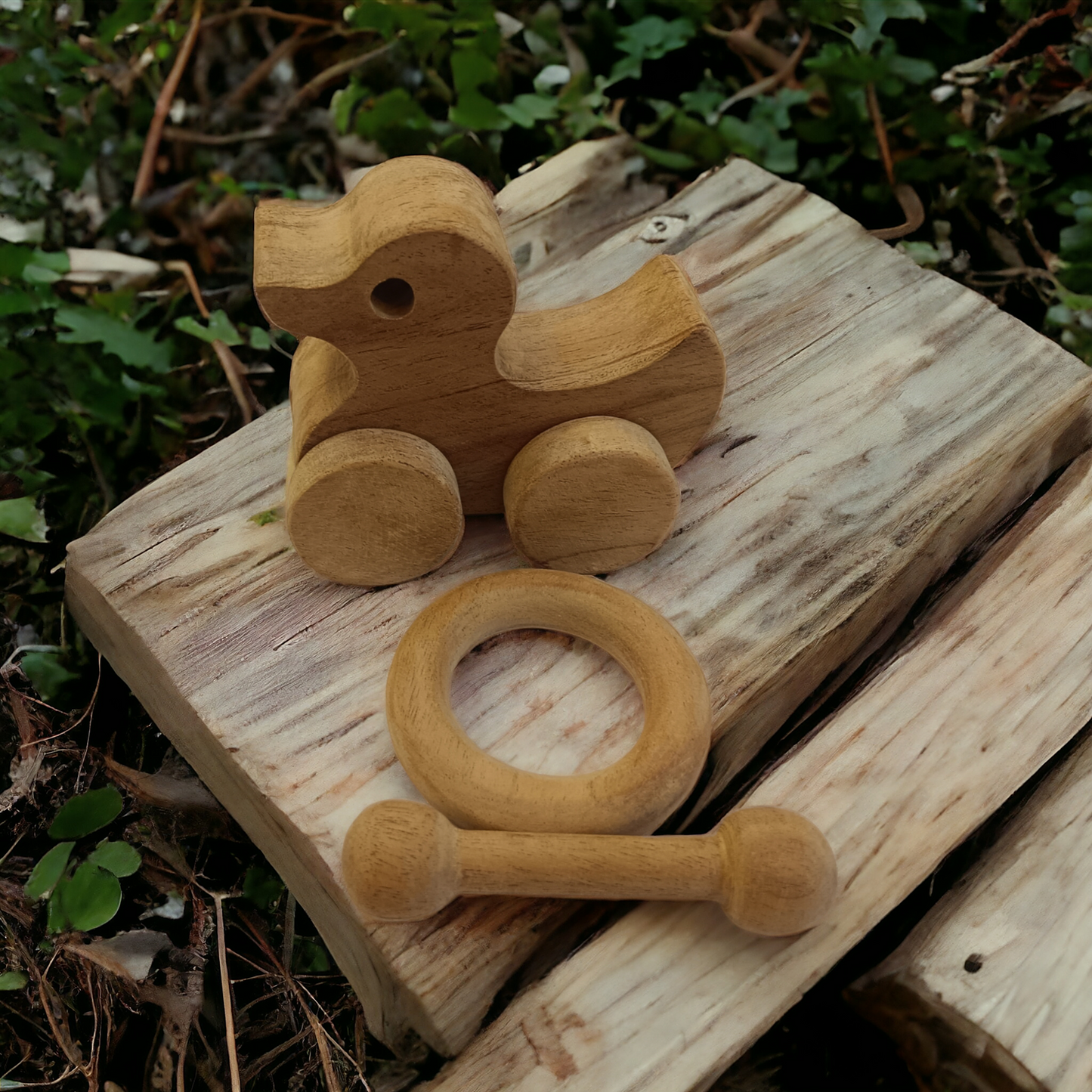 Organic & Healthy Pull Toy & Teethers - Duck, Ring & Dumbbell Shapes - Tinycubs - 