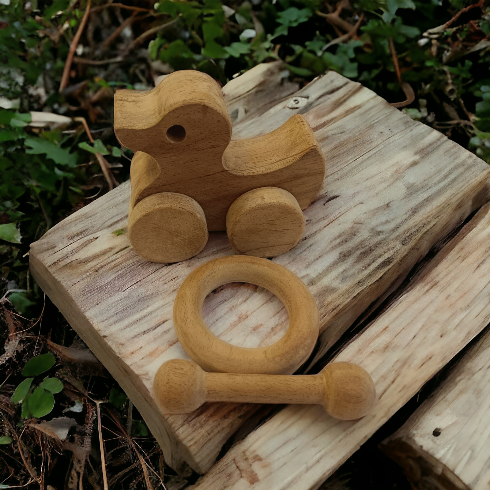 Organic & Healthy Pull Toy & Teethers - Duck, Ring & Dumbbell Shapes - Tinycubs - 