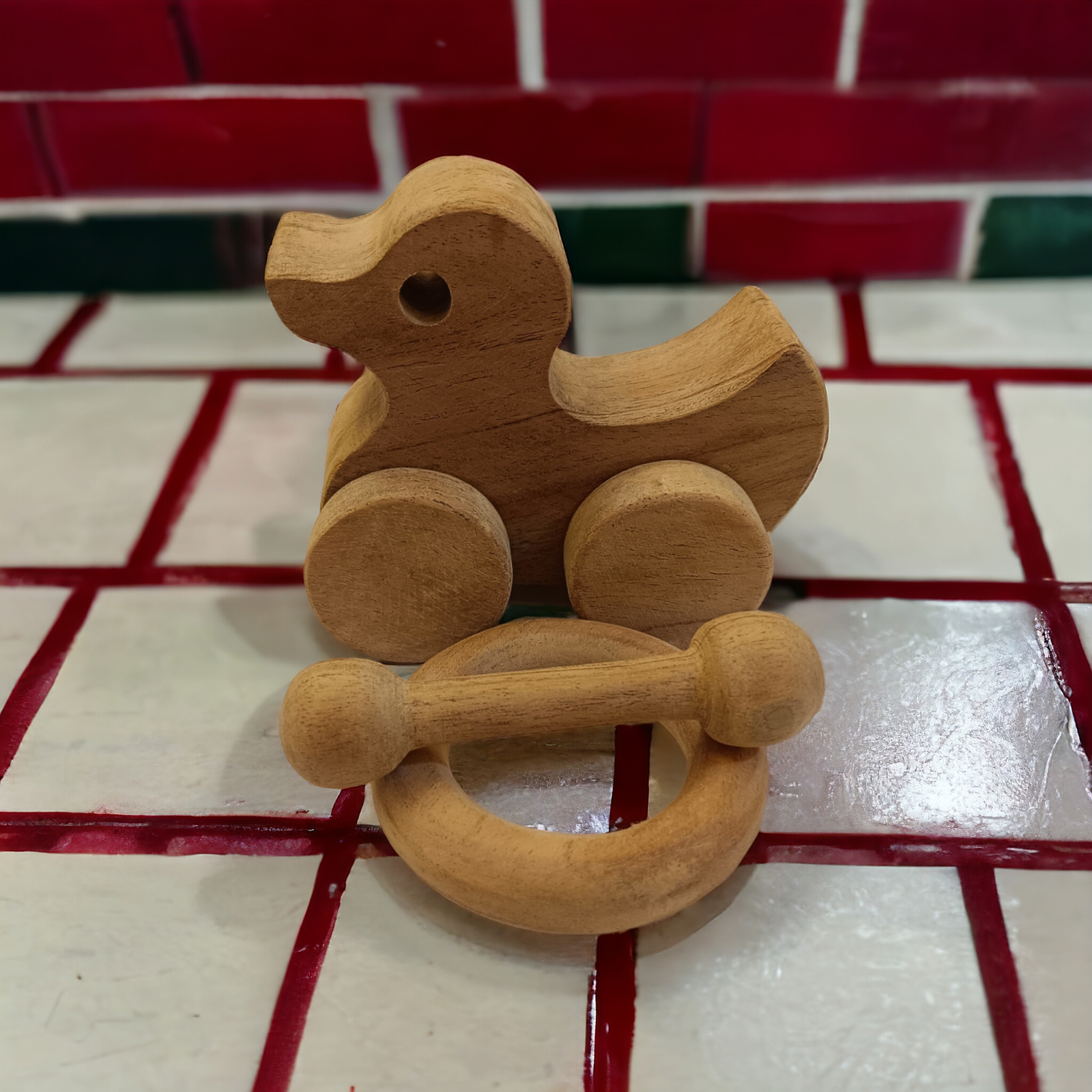 Organic & Healthy Pull Toy & Teethers - Duck, Ring & Dumbbell Shapes - Tinycubs - 