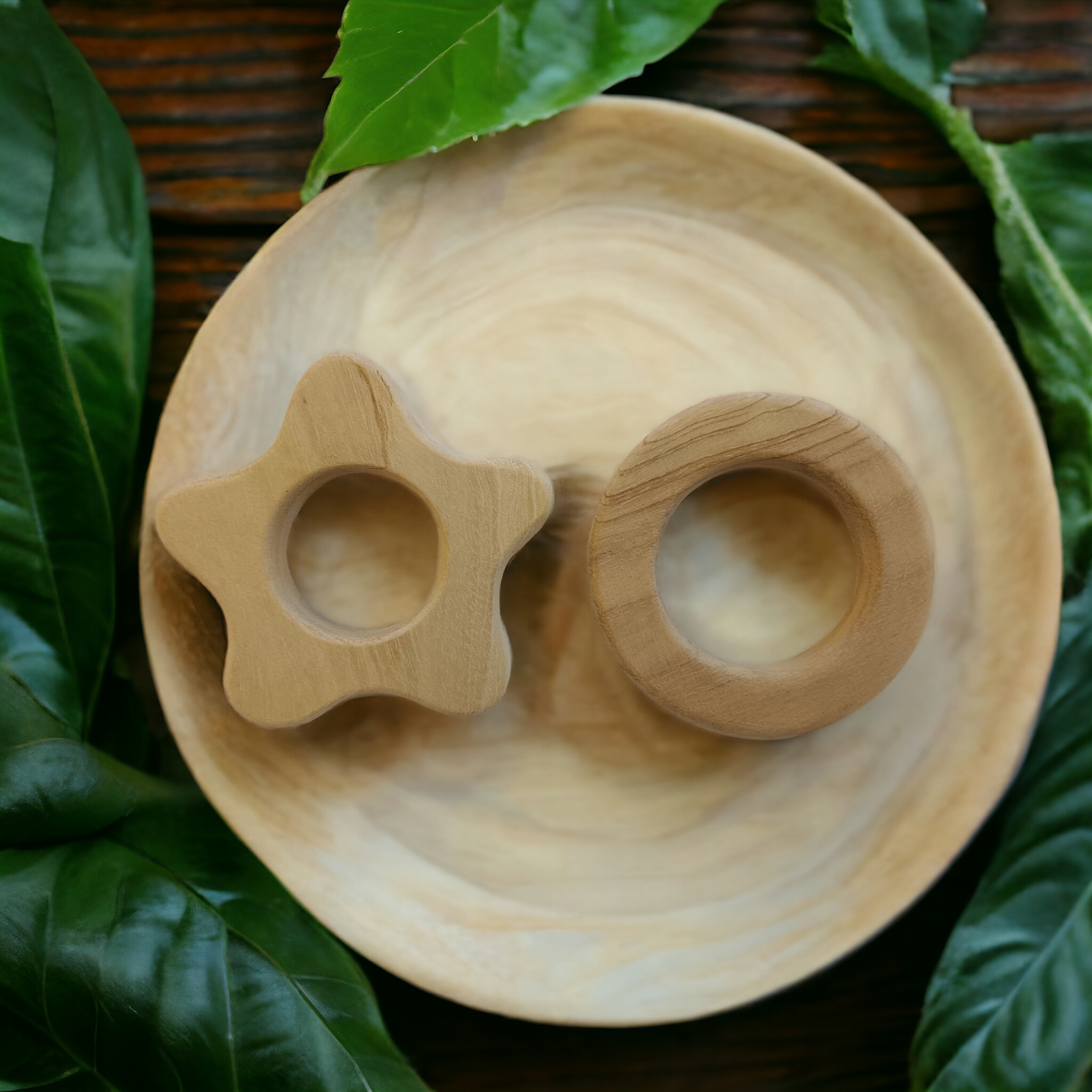 Pack of 2 Neem Wooden Teethers For Babies Of Age 0 To 3 Years |Flower & Circle Shapes - Tinycubs - 