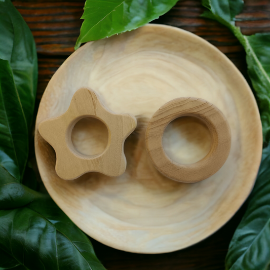 Pack of 2 Neem Wooden Teethers For Babies Of Age 0 To 3 Years |Flower & Circle Shapes - Tinycubs - 