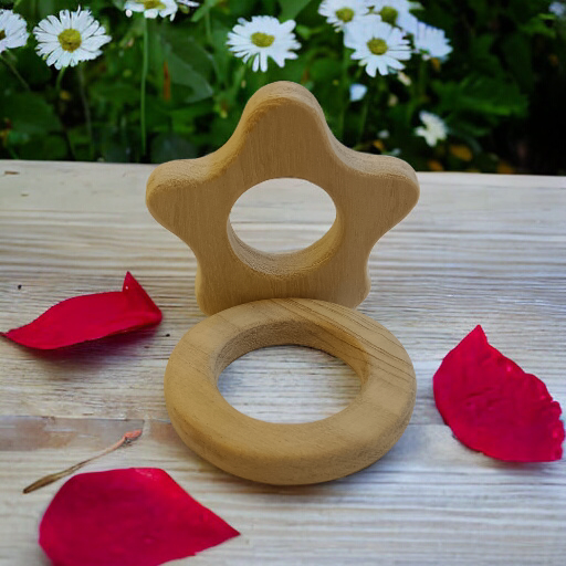 Pack of 2 Neem Wooden Teethers For Babies Of Age 0 To 3 Years |Flower & Circle Shapes - Tinycubs - 