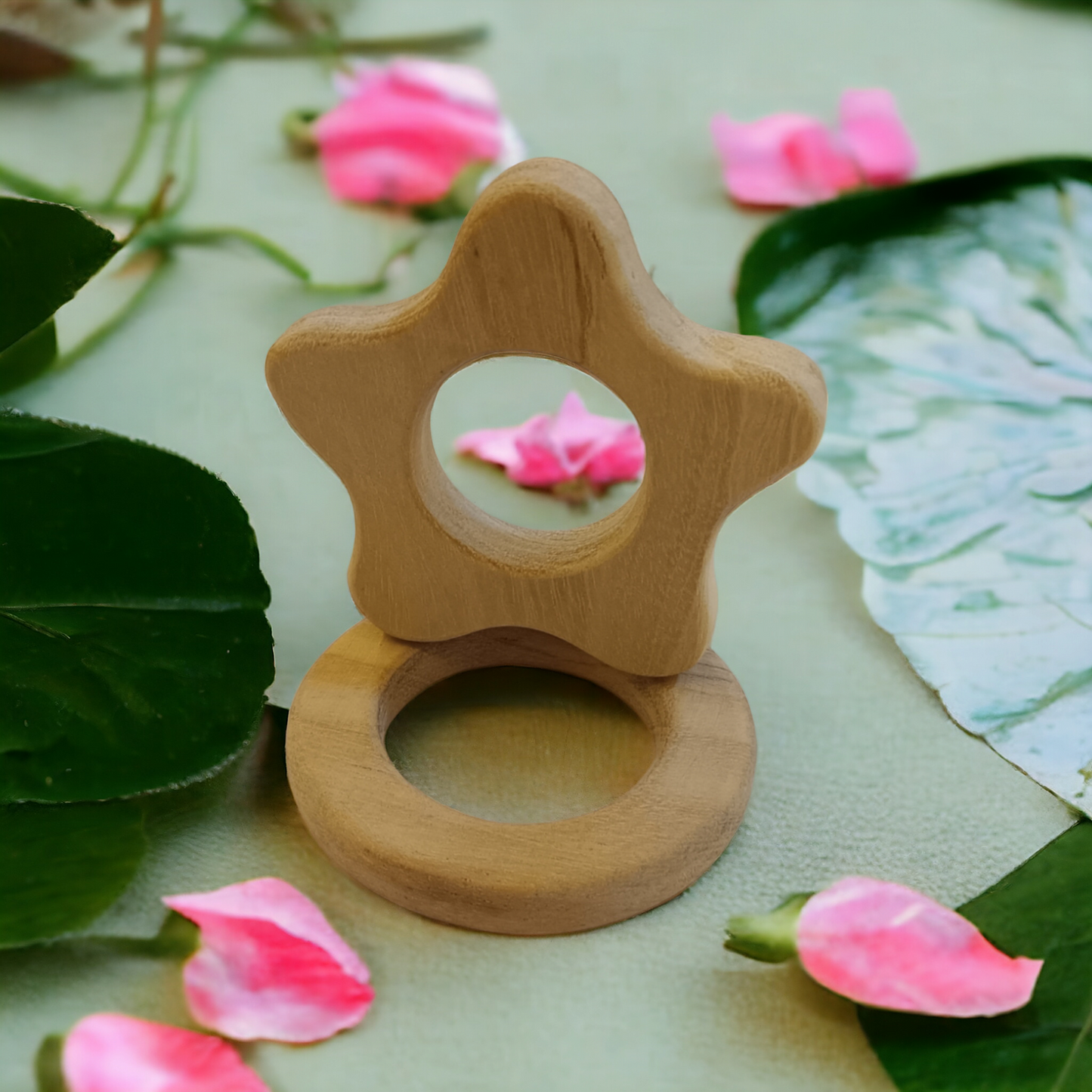 Pack of 2 Neem Wooden Teethers For Babies Of Age 0 To 3 Years |Flower & Circle Shapes - Tinycubs - 