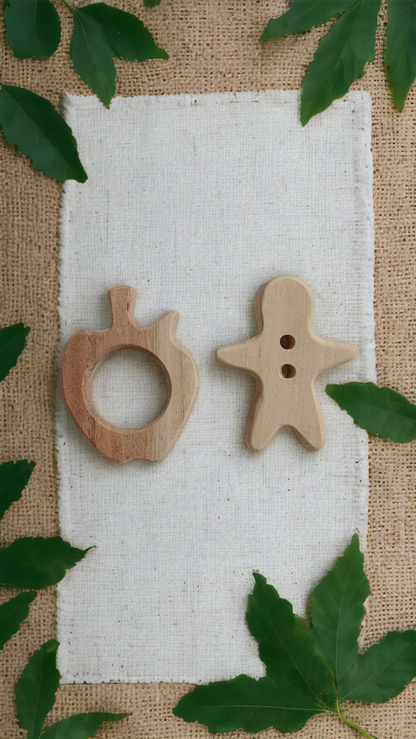 Pack of 2 Neem Wooden Teethers For Babies of Age 0 To 3 Years | Apple & Man Shapes - Tinycubs - 