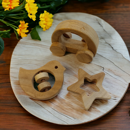 Pack of 3 Neem Wooden Teether-Rattle-Wheel Toy - Tinycubs - 