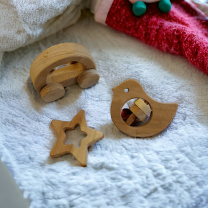 Pack of 3 Neem Wooden Teether-Rattle-Wheel Toy - Tinycubs - 