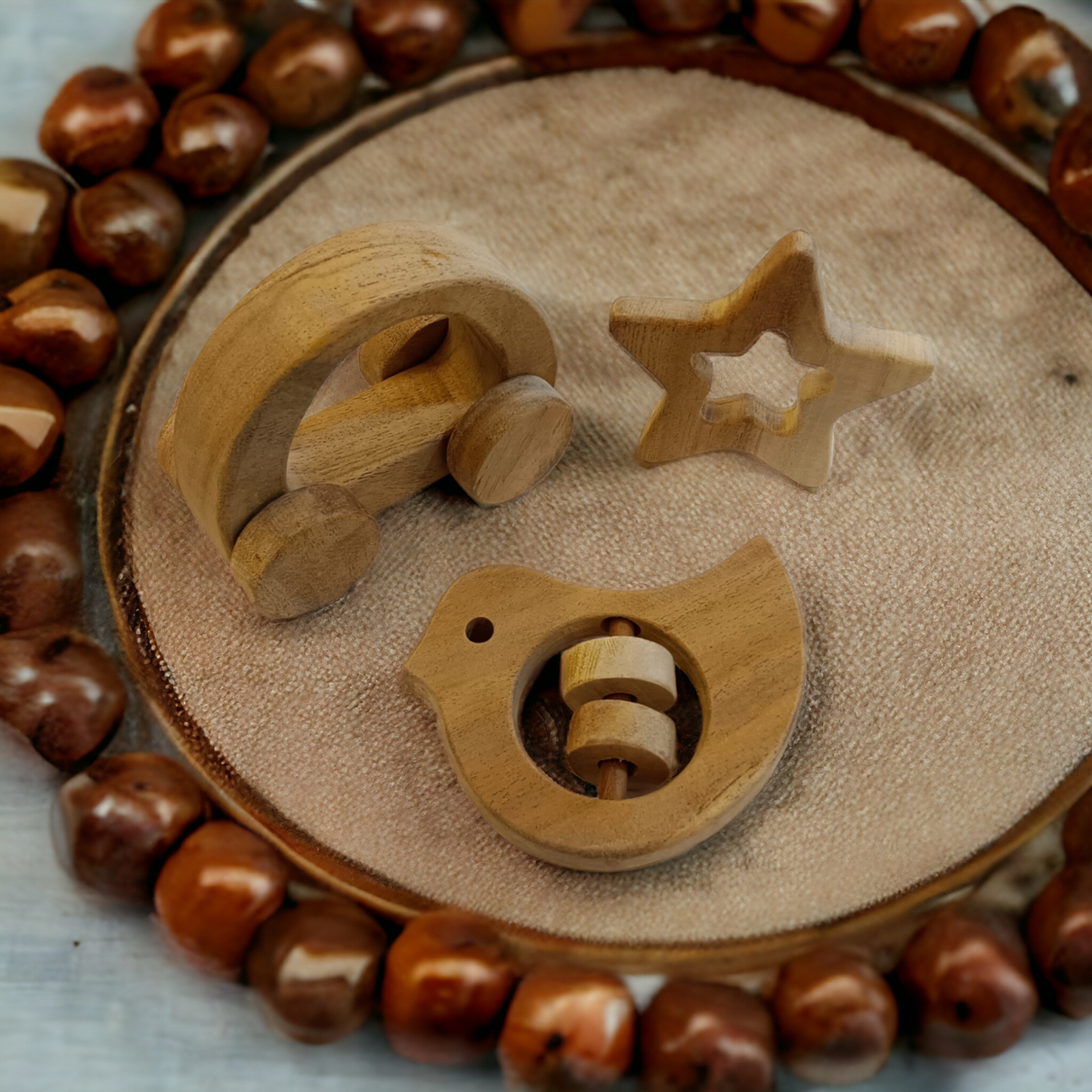 Pack of 3 Neem Wooden Teether-Rattle-Wheel Toy - Tinycubs - 