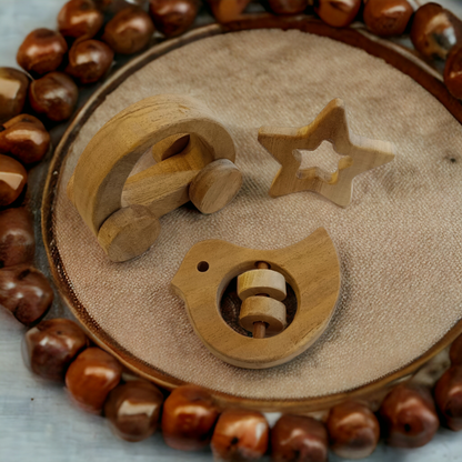 Pack of 3 Neem Wooden Teether-Rattle-Wheel Toy - Tinycubs - 