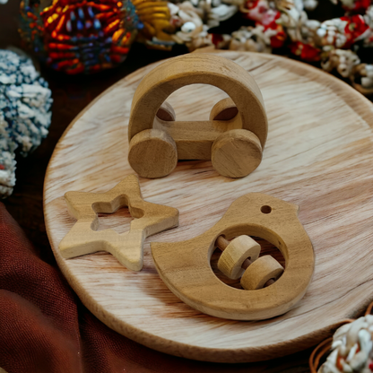 Pack of 3 Neem Wooden Teether-Rattle-Wheel Toy - Tinycubs - 