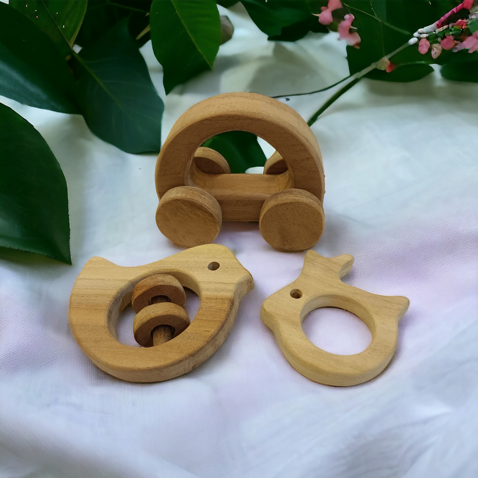 Perfect Blend of Pull Toy, Rattle & Teether - Hallow Car, Dove & Rabbit Shapes - Tinycubs - 