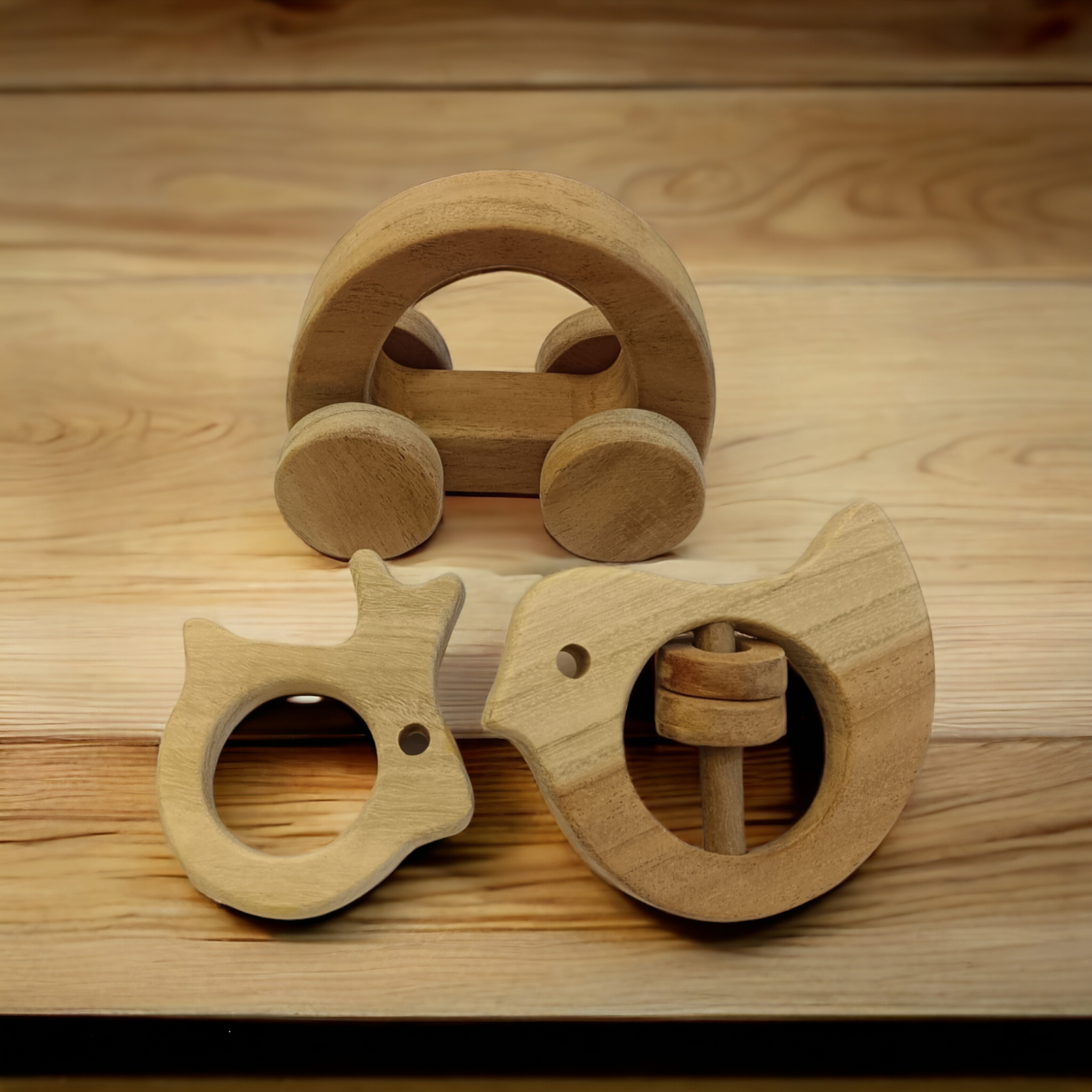 Perfect Blend of Pull Toy, Rattle & Teether - Hallow Car, Dove & Rabbit Shapes - Tinycubs - 