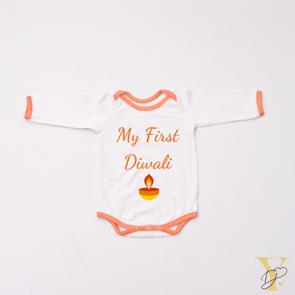 Personalised Bodysuit (full sleeves) - My First Diwali (orange love) - Tinycubs - 