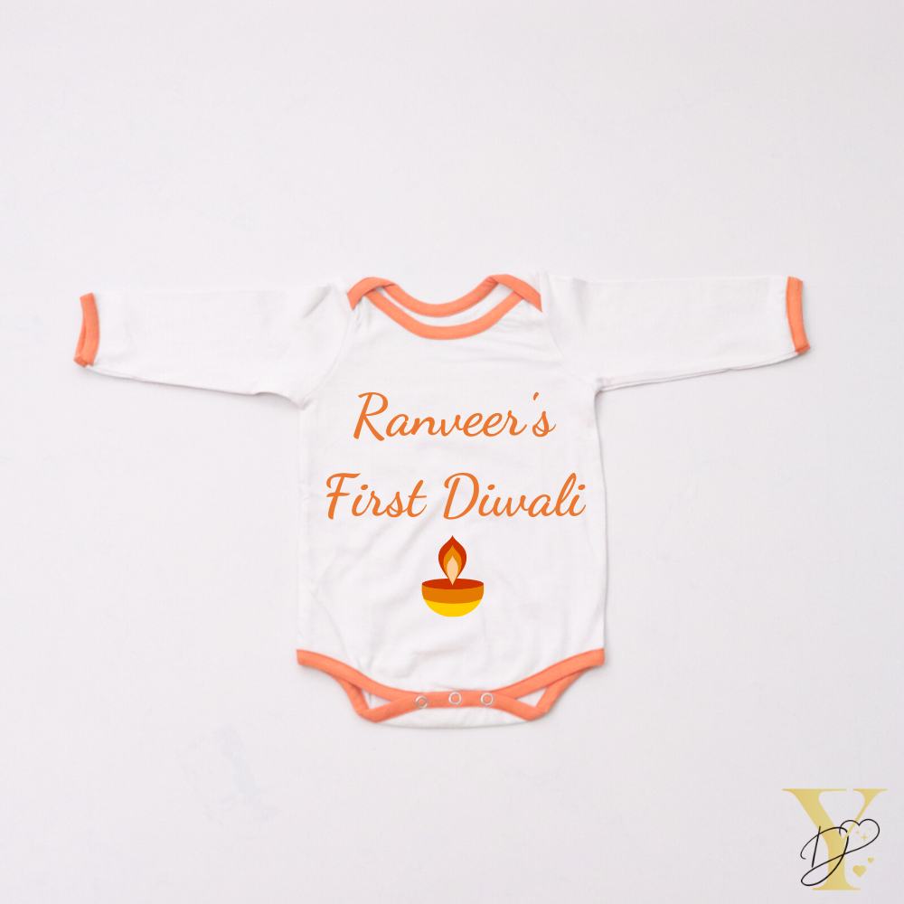 Personalised Bodysuit (full sleeves) - My First Diwali (orange love) - Tinycubs - 