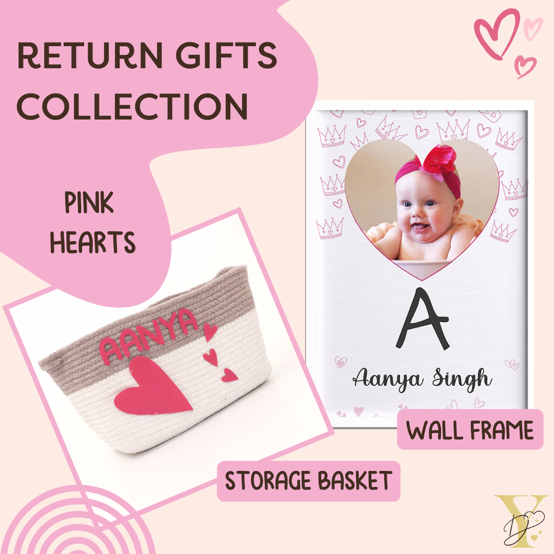 Personalised Return Gift Collection - Pink Hearts (Storage Basket & Wall Frame) - Tinycubs - 