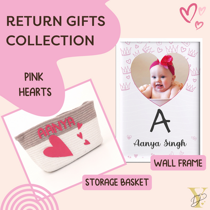 Personalised Return Gift Collection - Pink Hearts (Storage Basket & Wall Frame) - Tinycubs - 