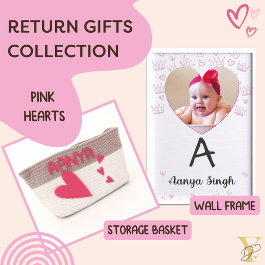 Personalised Return Gift Collection - Pink Hearts (Storage Basket & Wall Frame) - Tinycubs - 