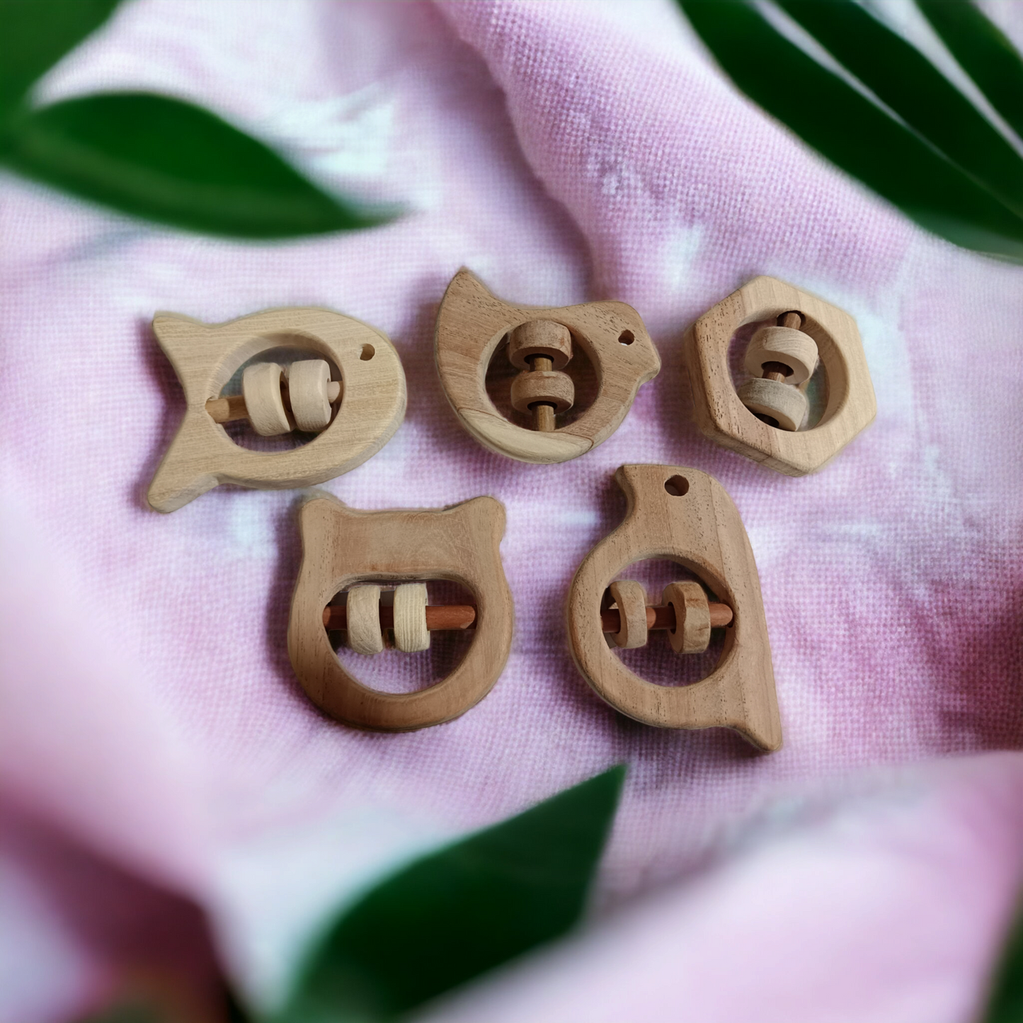 Satisfying Sound Making Rattles -Sparrow, Dove, Fish, Hippo & Hexagon Shapes-made up of pure neem wood - Tinycubs - 