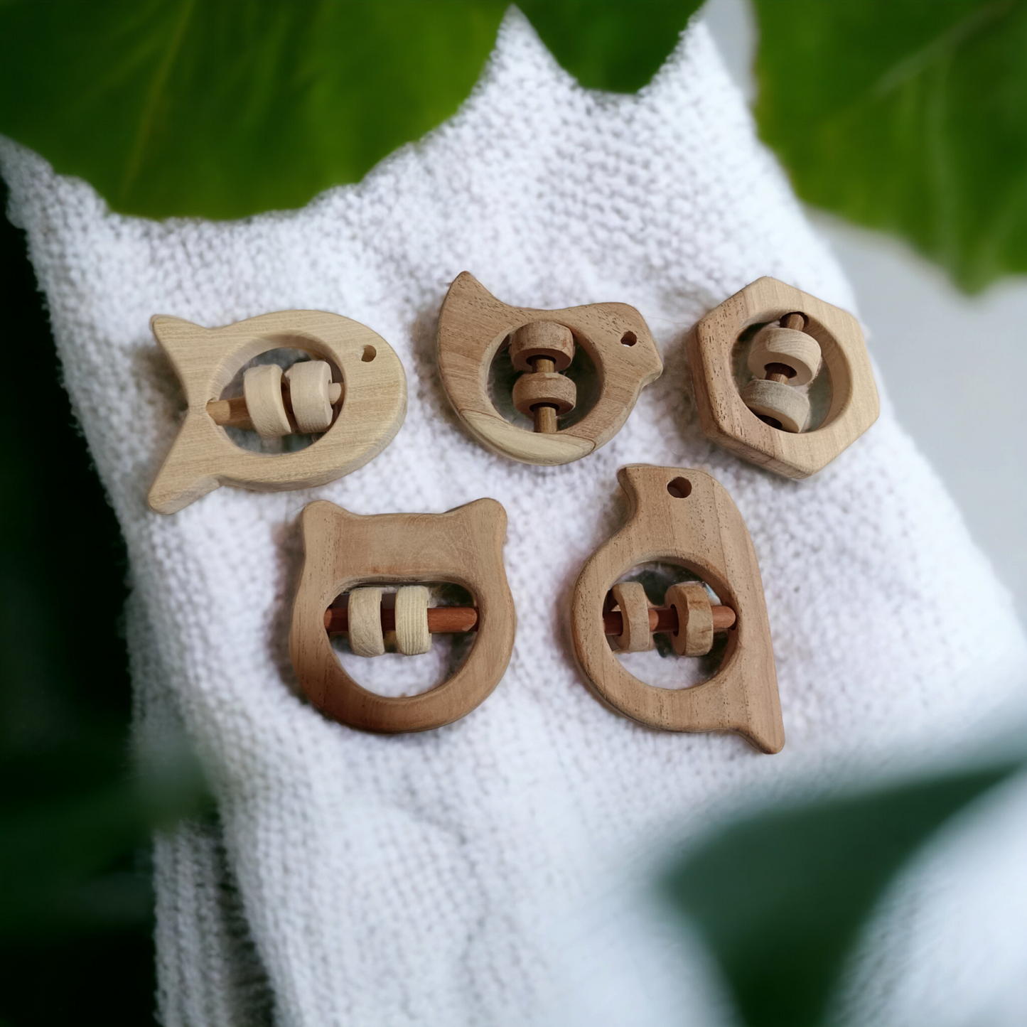 Satisfying Sound Making Rattles -Sparrow, Dove, Fish, Hippo & Hexagon Shapes-made up of pure neem wood - Tinycubs - 