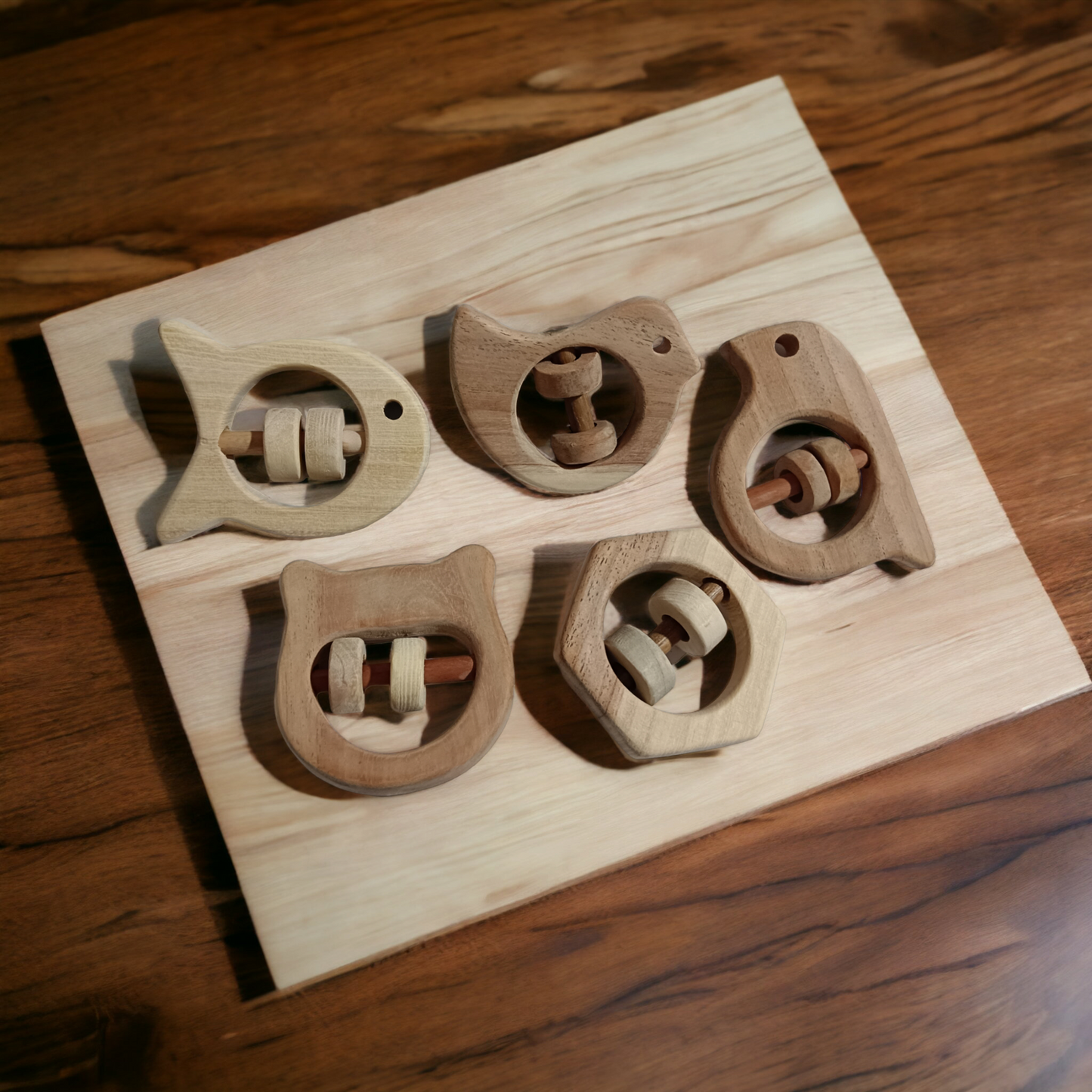 Satisfying Sound Making Rattles -Sparrow, Dove, Fish, Hippo & Hexagon Shapes-made up of pure neem wood - Tinycubs - 