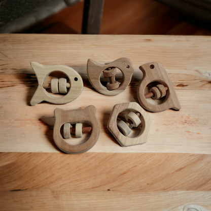 Satisfying Sound Making Rattles -Sparrow, Dove, Fish, Hippo & Hexagon Shapes-made up of pure neem wood - Tinycubs - 