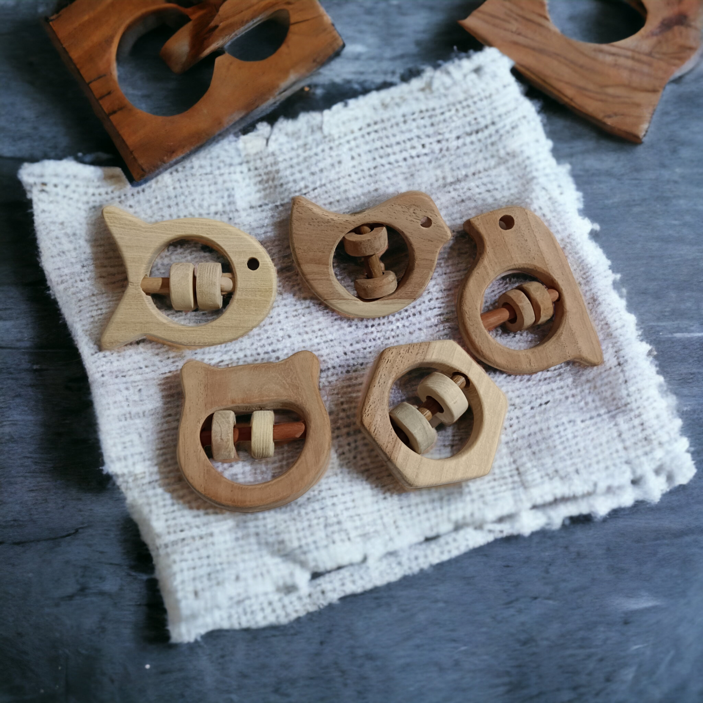 Satisfying Sound Making Rattles -Sparrow, Dove, Fish, Hippo & Hexagon Shapes-made up of pure neem wood - Tinycubs - 
