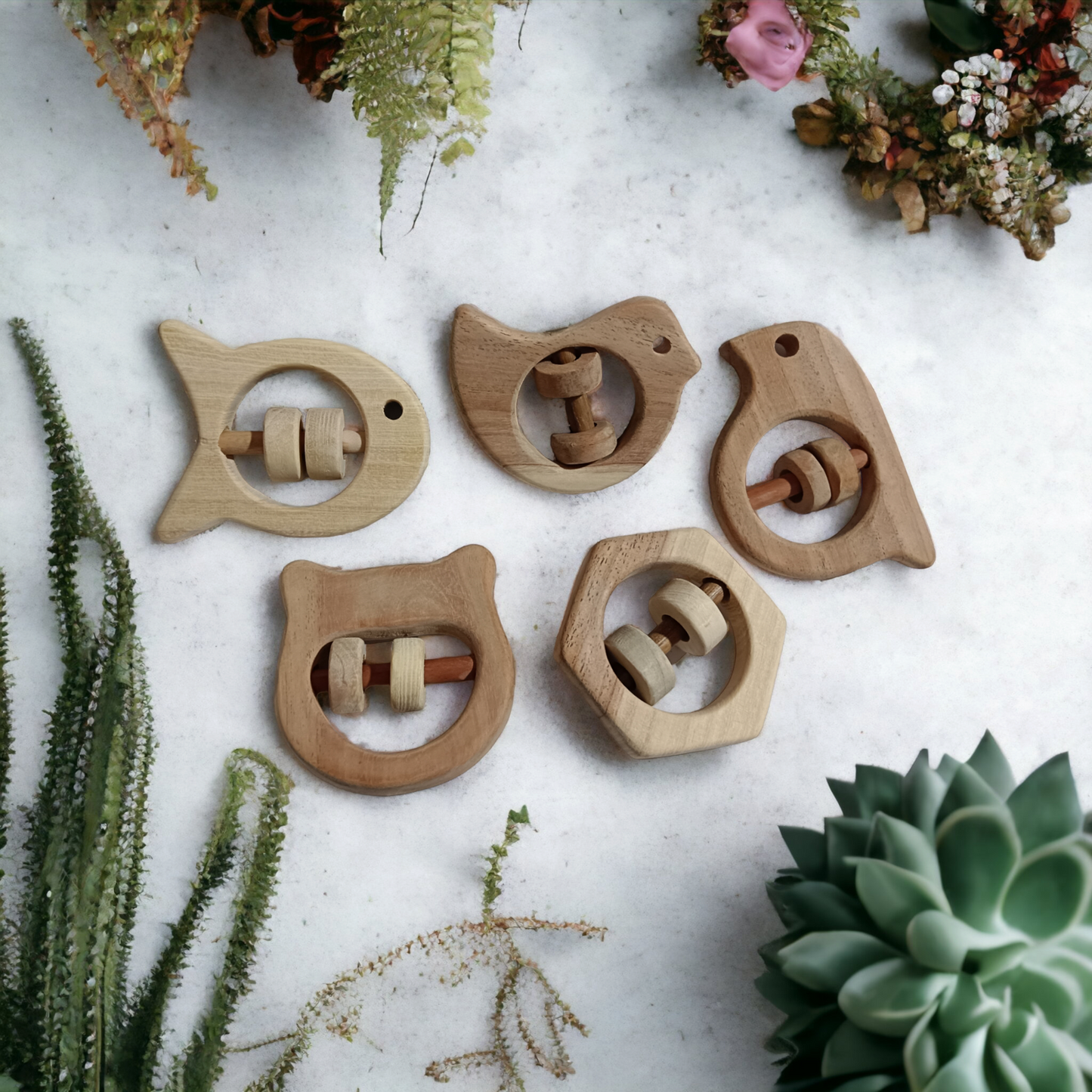 Satisfying Sound Making Rattles -Sparrow, Dove, Fish, Hippo & Hexagon Shapes-made up of pure neem wood - Tinycubs - 