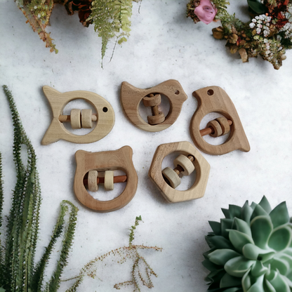 Satisfying Sound Making Rattles -Sparrow, Dove, Fish, Hippo & Hexagon Shapes-made up of pure neem wood - Tinycubs - 