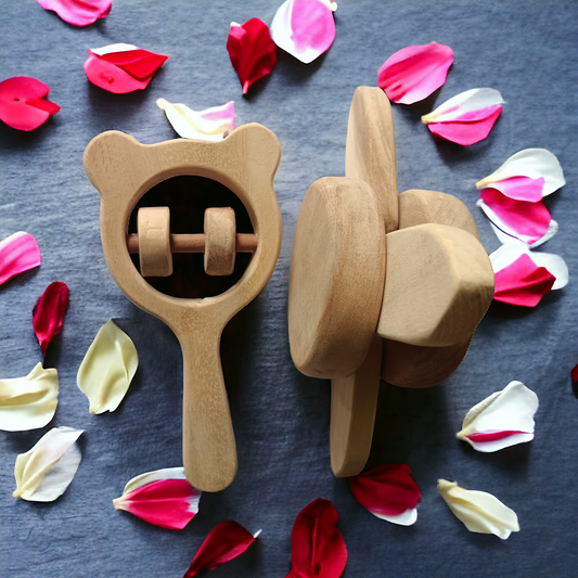 Sensory Developing Neem Wooden Flower Tumbler & Mickey Head Rattle - For 0-3 Year Babies - Tinycubs - 