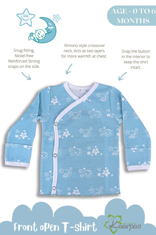 Shiny Moon and Star front open side snap full sleeves into T-shirt  - Sky blue - Tinycubs - 