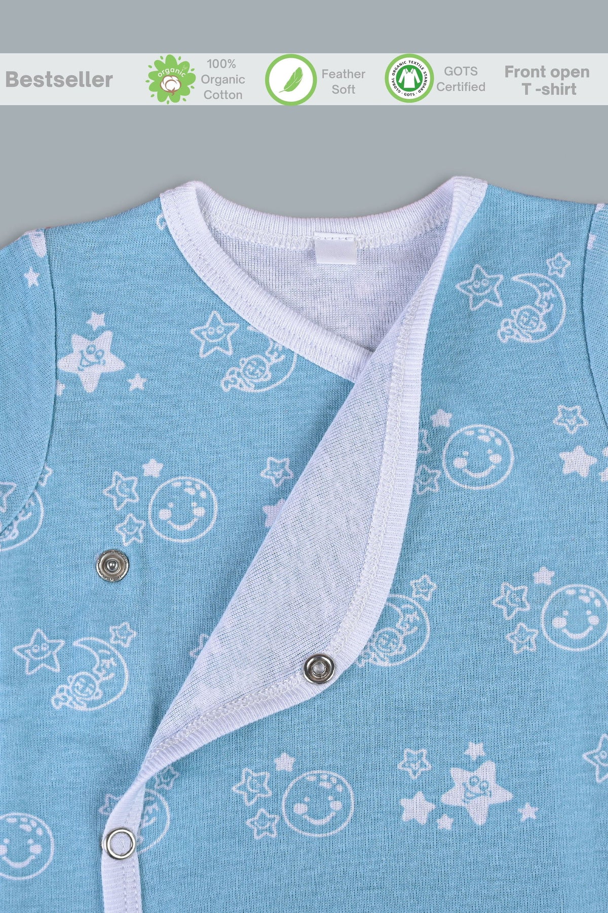 Shiny Moon and Star front open side snap full sleeves into T-shirt  - Sky blue - Tinycubs - 