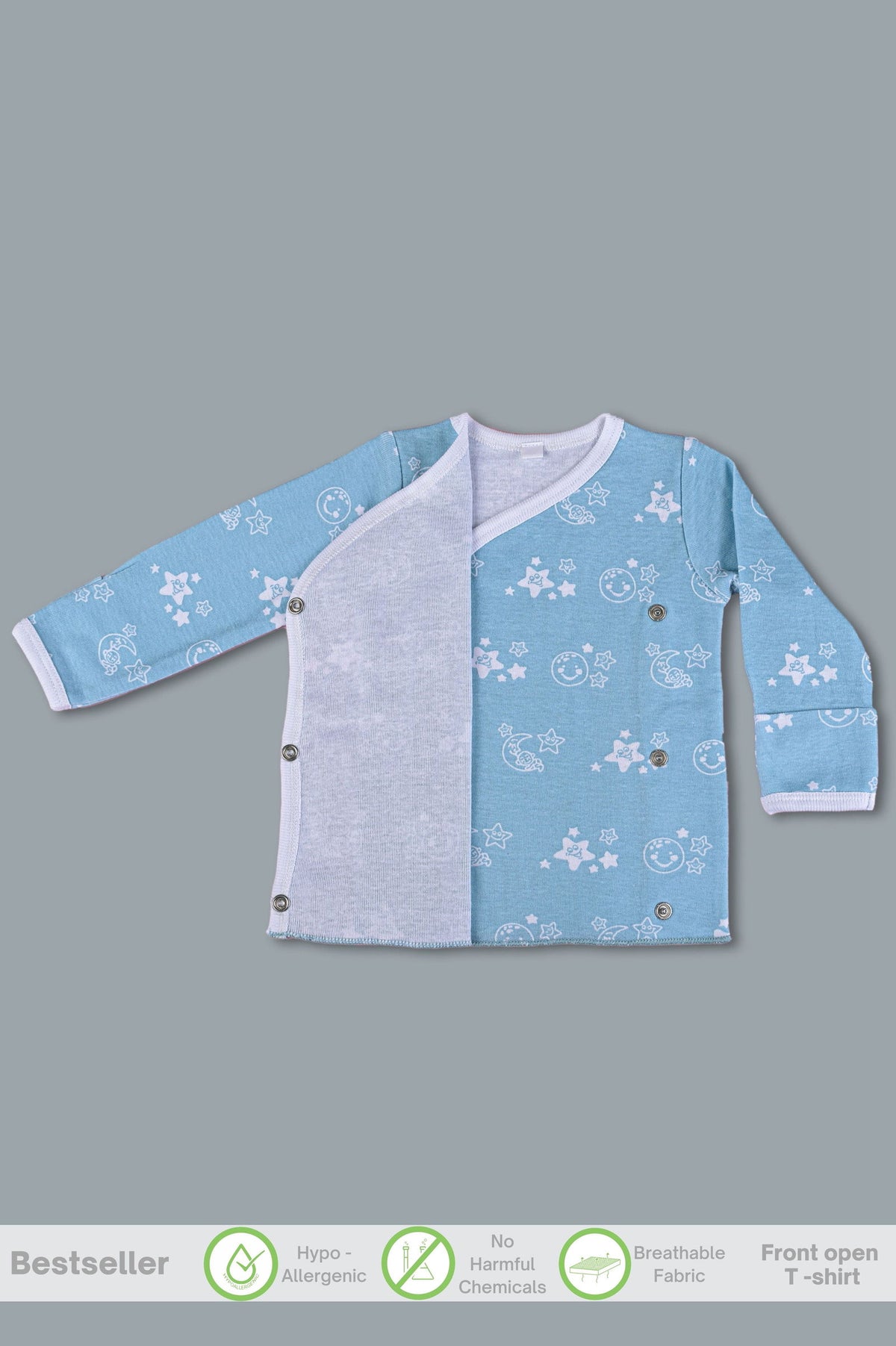 Shiny Moon and Star front open side snap full sleeves into T-shirt  - Sky blue - Tinycubs - 