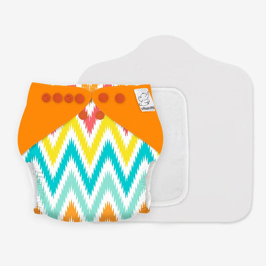 Snugkins -New Age Reusable, Waterproof & Washable Cloth Diapers for Babies ( 0-2 years).Contains 1 Diaper, 1 Wet-Free Organic Cotton Pad & 1 Booster Pad. Fits 5kg - 14kg babies – Macaroon Ikat - Tinycubs - 
