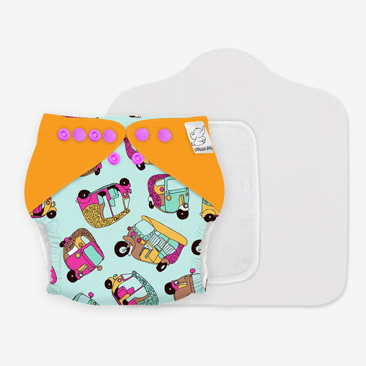 Snugkins -New Age Reusable, Waterproof & Washable Cloth Diapers for Babies ( 0-2 years).Contains 1 Diaper, 1 Wet-Free Organic Cotton Prefold Pad and 1 Booster Pad. Fits 5kg - 14kg babies – Tuk Tuk - Tinycubs - 