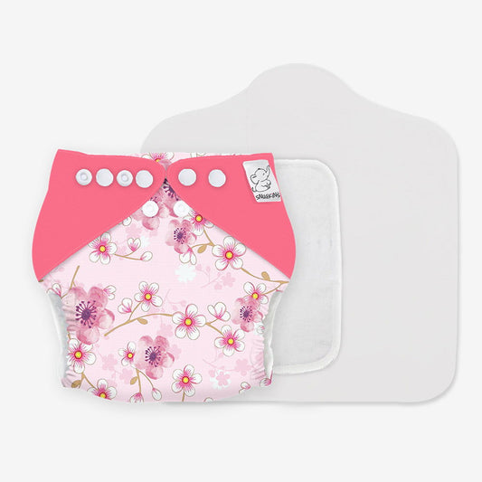 Snugkins -New Age Reusable, Waterproof & Washable Cloth Diapers for Babies ( 0-2 years).Contains 1 Diaper, 1 Wet-Free Organic Cotton Prefold Pad and 1 Booster Pad. Fits 5kg - 14kg babies – Sakura - Tinycubs - 